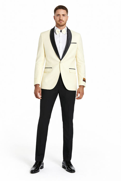 "Mens Modern Fit Ivory Prom 2026 Tuxedo Suit Dinner Jacket with Black Shawl Lapel"