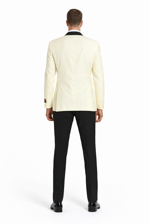 "Mens Modern Fit Ivory Prom 2026 Tuxedo Suit Dinner Jacket with Black Shawl Lapel"