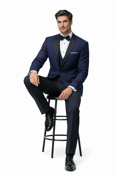 Mens Navy Blue Wedding Tuxedo - Dark Blue Tuxedo Suit" Mens Designer Satin Peak Blake Tuxedo in Navy