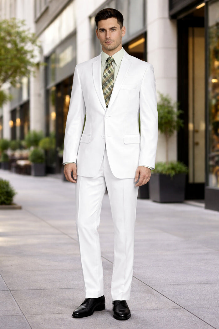 Mens Basic 2 Button Classic Fit Poplin Suit in White