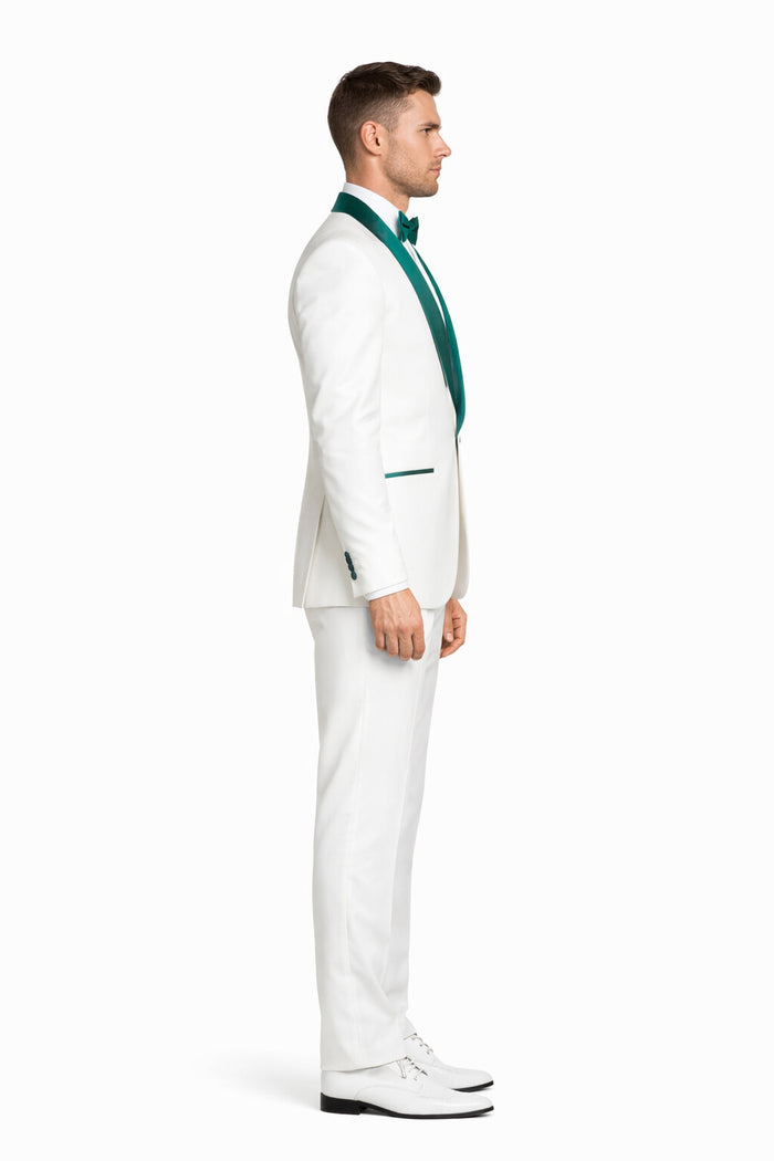 White and Teal Blue Lapel Tuxedo With Vest and Pants - Wedding Groom Suit