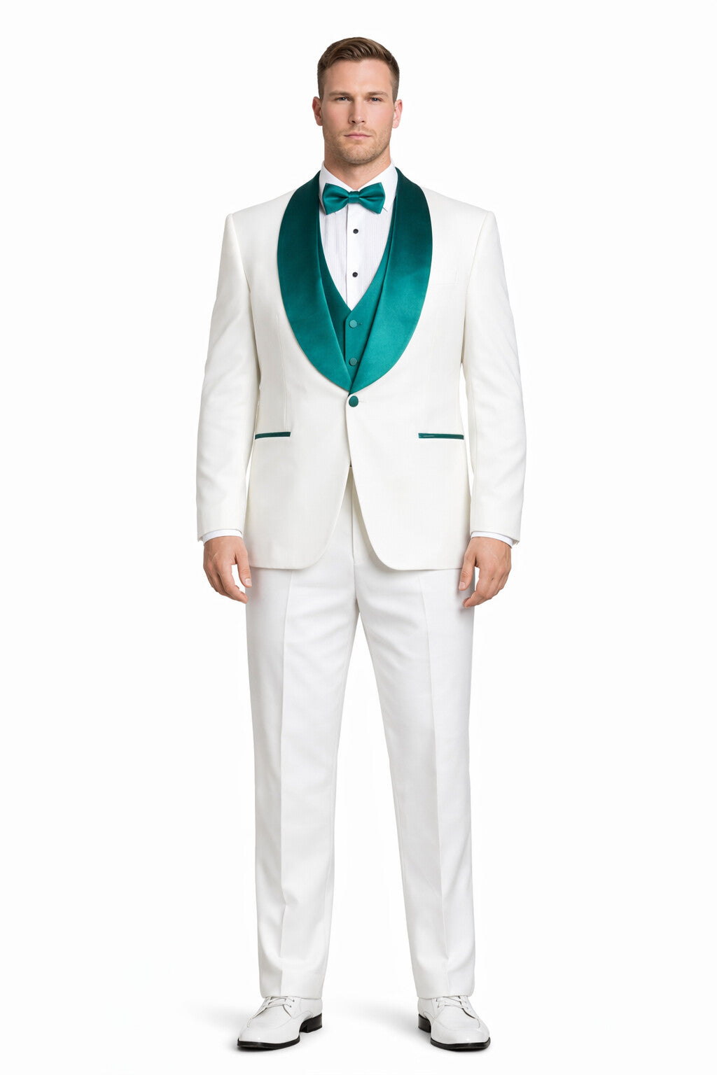 White and Teal Blue Lapel Tuxedo With Vest and Pants - Wedding Groom Suit
