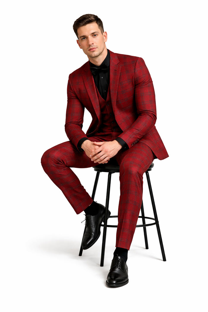 Mens Burgundy Plaid Three-Piece Suit Ultra Slim Fit Checkered Windowpane Redish 544-10
