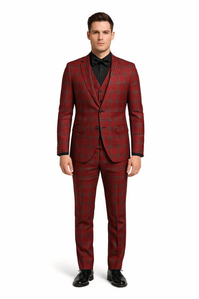 Mens Burgundy Plaid Three-Piece Suit Ultra Slim Fit Checkered Windowpane Redish 544-10
