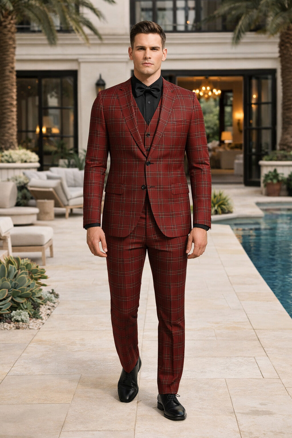 Mens Burgundy Plaid Three-Piece Suit Ultra Slim Fit Checkered Windowpane Redish 544-10
