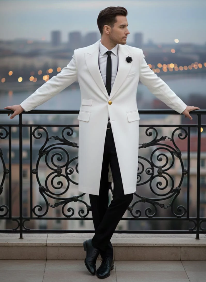 Mens White Velvet Victorian Tailcoat Tuxedo Three Quarter Length Cutaway Stage And Wedding Jacket