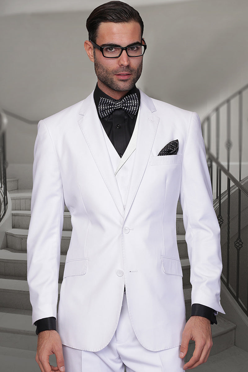 Men's Designer Classic Fit Pleated Pant Wool Suit with Double Breasted Vest in White - 36 Short