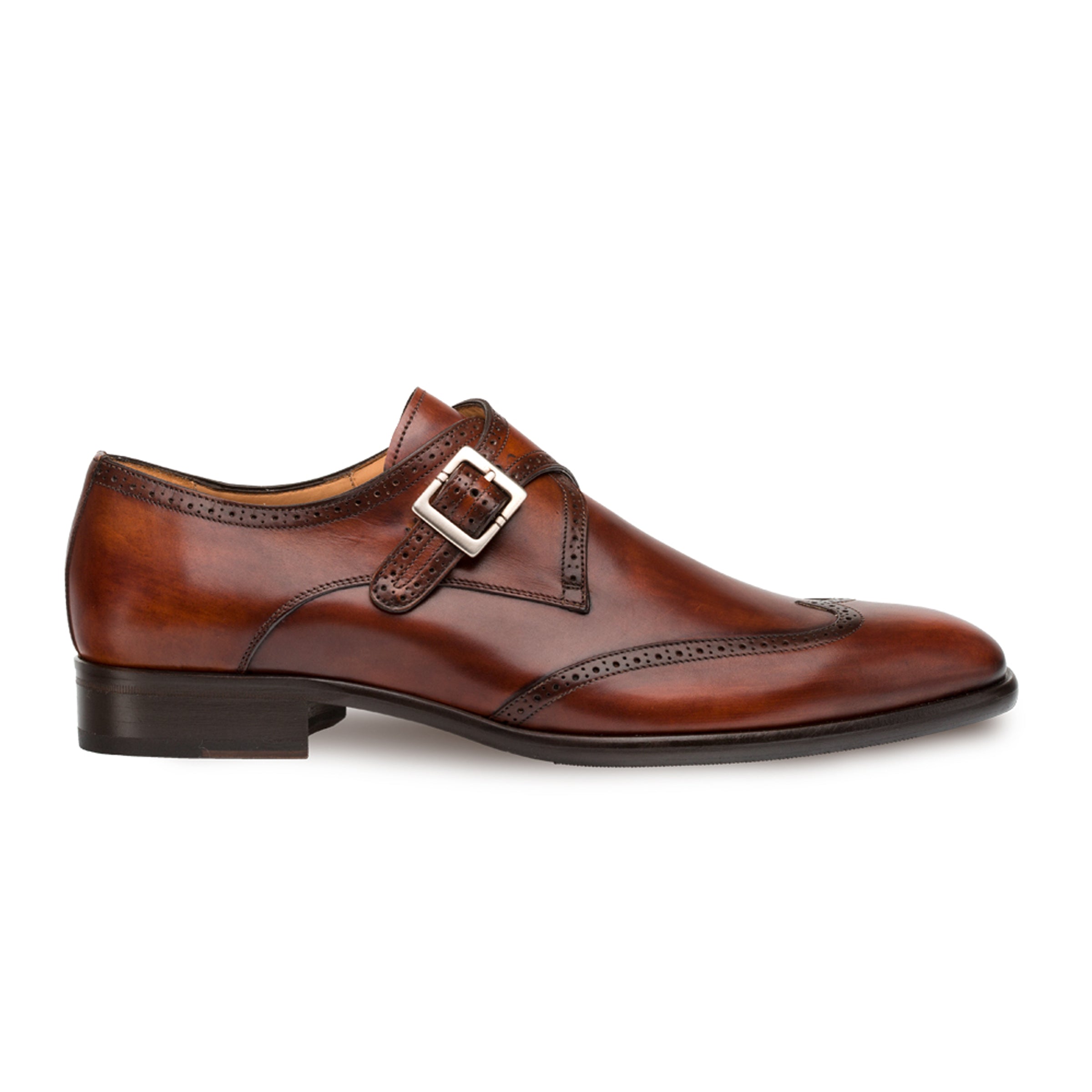 Mens Mezlan Forest Calfskin Wingtip Monk Strap Dress Shoe in Cognac - 7.5