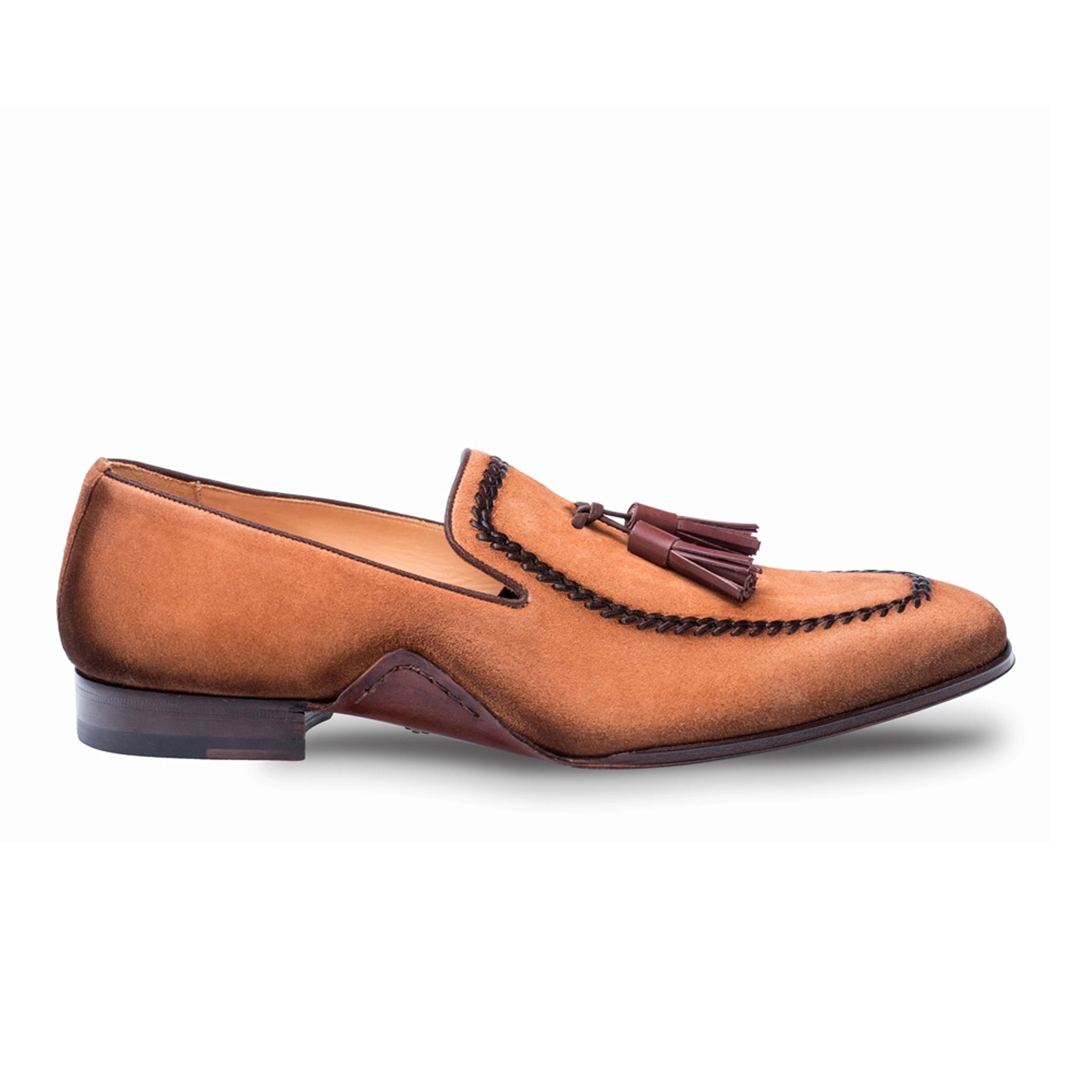 Mens Mezlan Plazza Suede & Calfskin Tassel Loafer Dress Shoe in Cognac - 8