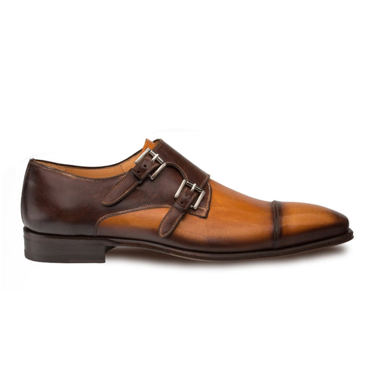 Mens Mezlan Bardem Calfskin Double Monk Strap Dress Shoe in Tan & Brown