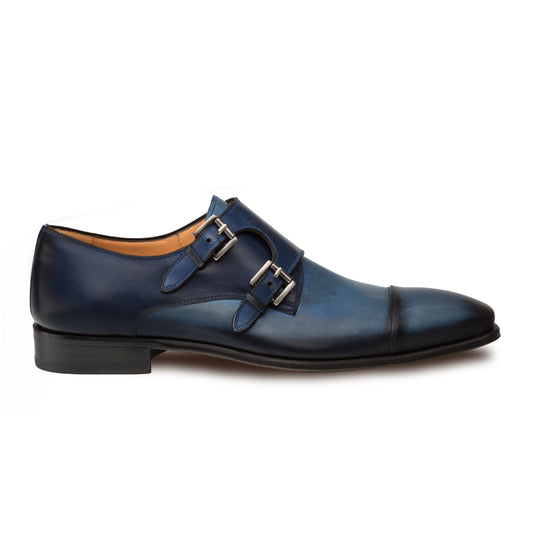 Mens Mezlan Bardem Calfskin Double Monk Strap Dress Shoe in Blue