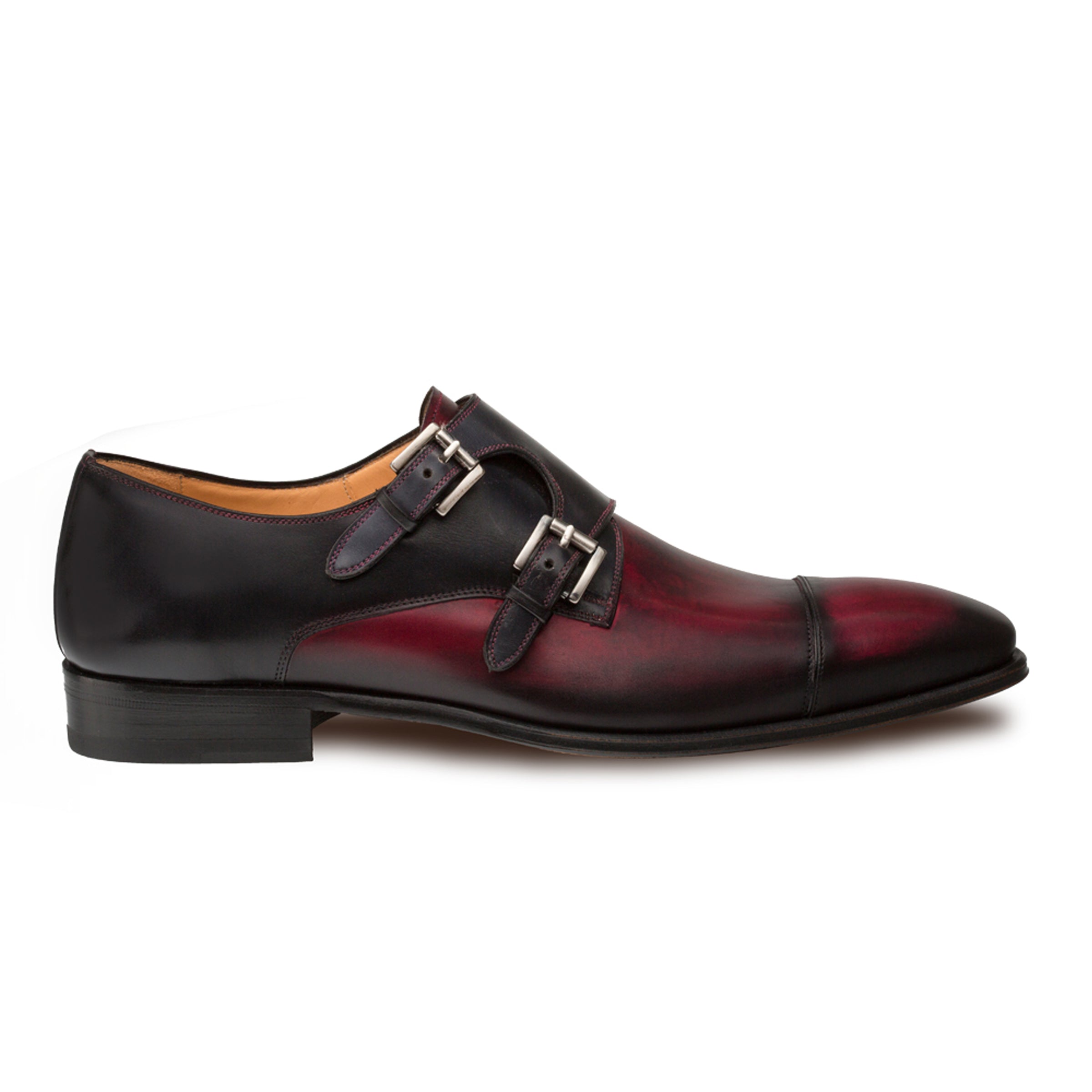 Mens Mezlan Bardem Calfskin Double Monk Strap Dress Shoe in Black & Burgundy - 8