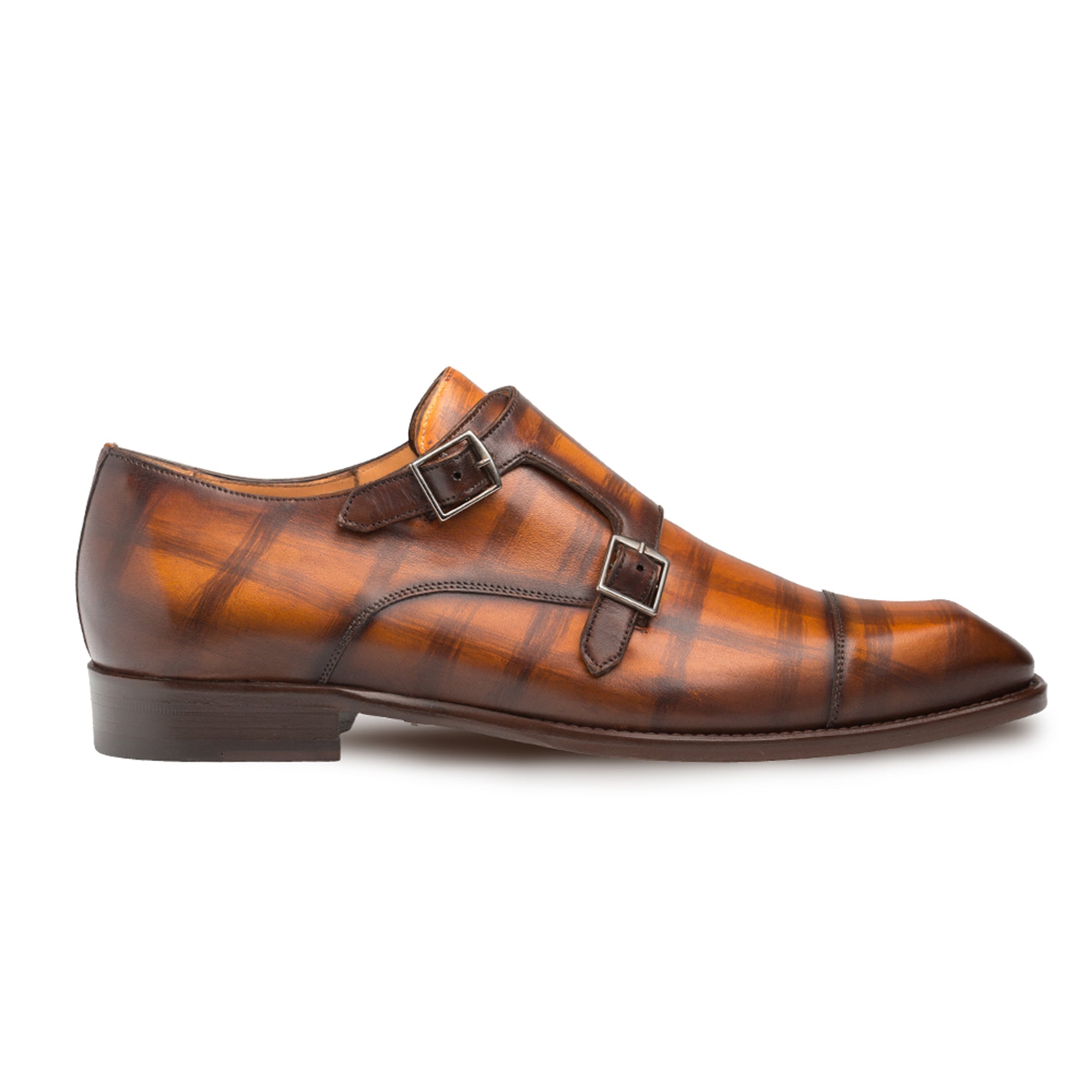 Mens Mezlan Valkyrie Double Monkstrap Plaid Calfskin Dress Shoe in Honey - 8