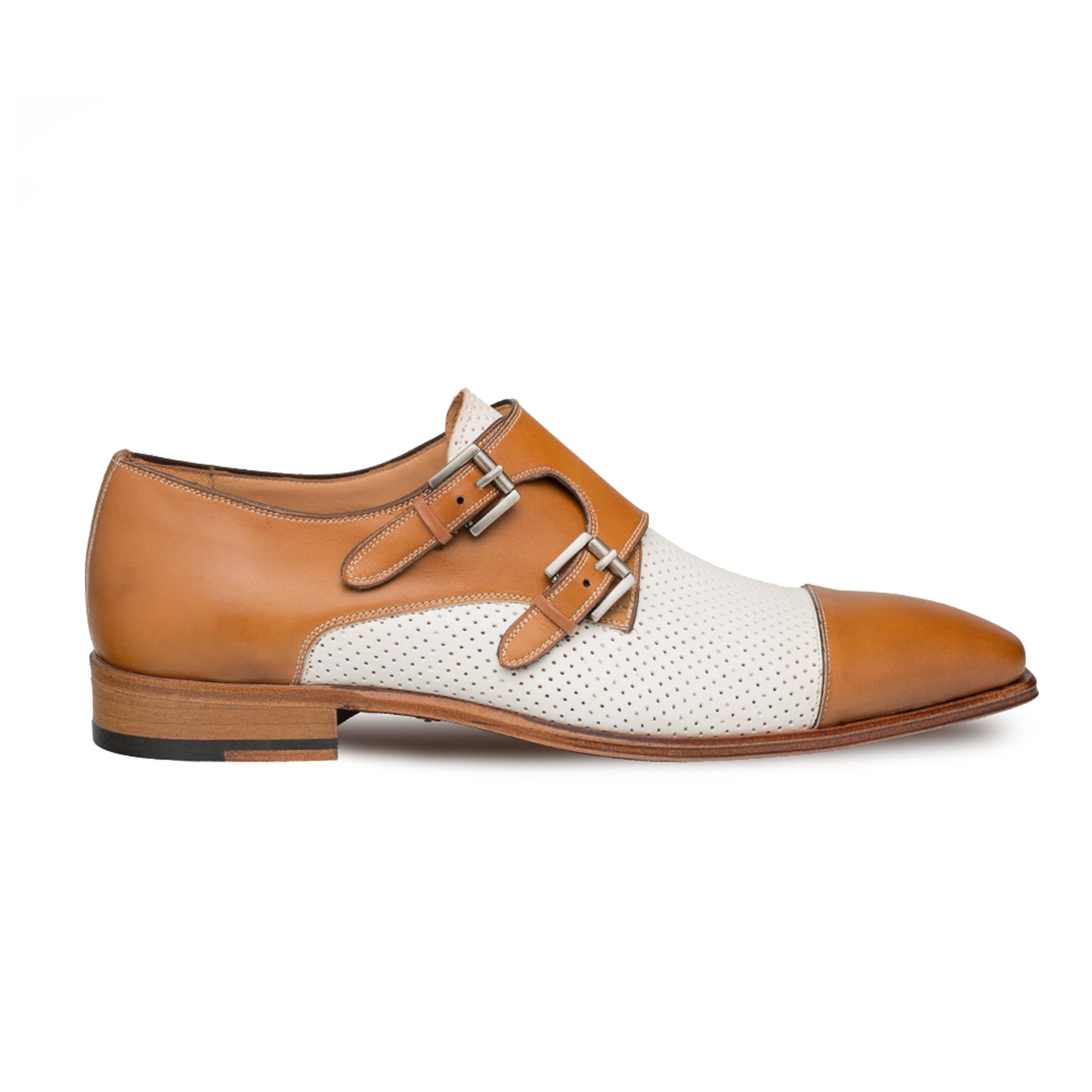 Mens Mezlan Saber Two Tone Calfskin Monk Strap Dress Shoe in Honey & White - 8