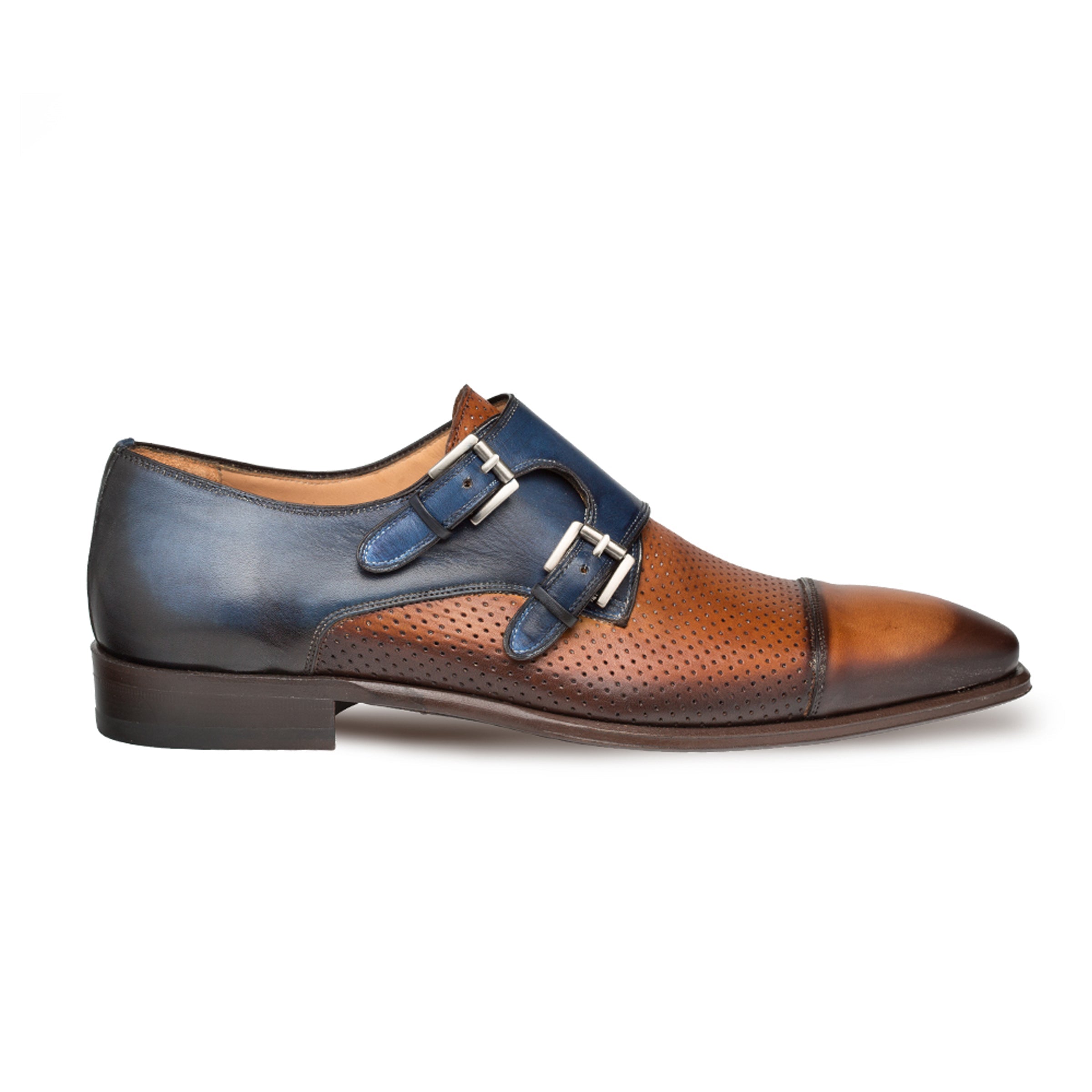 Mens Mezlan Saber Two Tone Calfskin Monk Strap Dress Shoe in Tan & Blue - 8