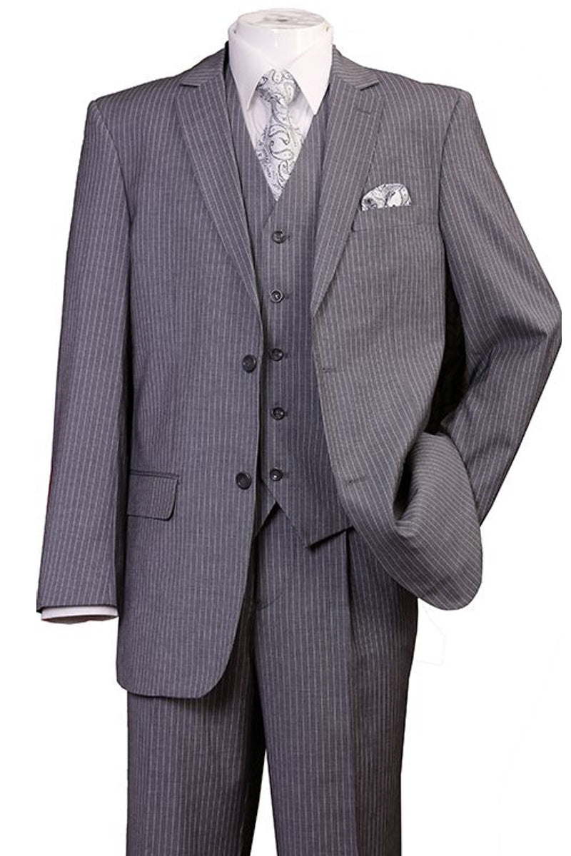 1920's Bold Gangster Pinstripe Suit - Men's 2 Button Vested in Grey - 38 Long