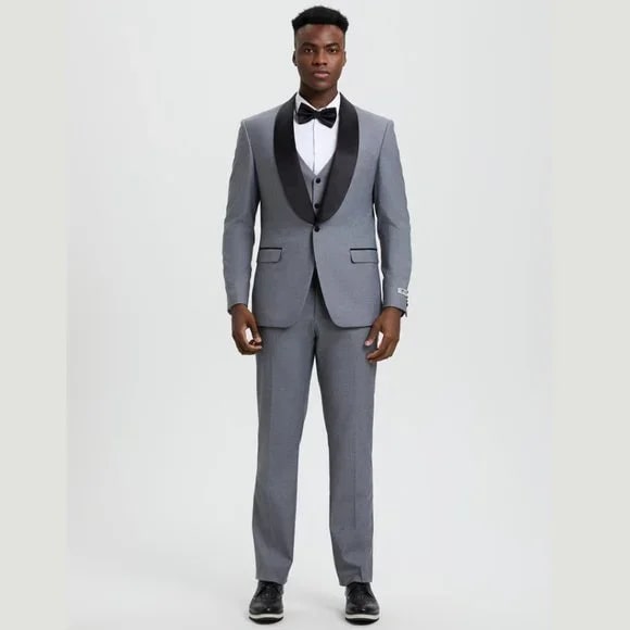 Stacy Adams 3pc Tuxedo Shawl Lapel, Mid Grey - 38 Short Jacket+32 Waist Adjustable 28to34)(Height: 5 4 to5 7 )(Neck  15-16.5)S-M)