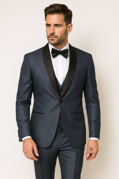 Mens Midnight Blue Stripe Tuxedo Jacket with Black Satin Shawl Lapel â€“ Shiny Formal Party Suit