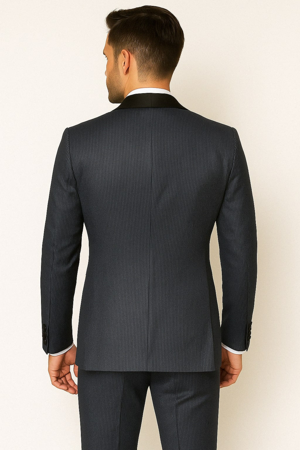 Mens Midnight Blue Stripe Tuxedo Jacket with Black Satin Shawl Lapel â€“ Shiny Formal Party Suit - 34 Short or Extra Small