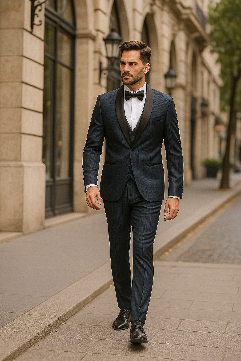 Mens Midnight Blue Stripe Tuxedo Jacket with Black Satin Shawl Lapel â€“ Shiny Formal Party Suit - 34 Short or Extra Small