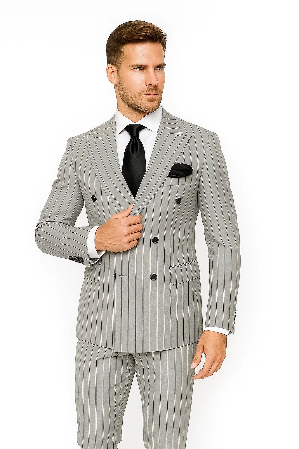 Gray and Black Pinstripe Double Breasted - Modern Fit 1920s Vintage Looking Suit - 34 Short