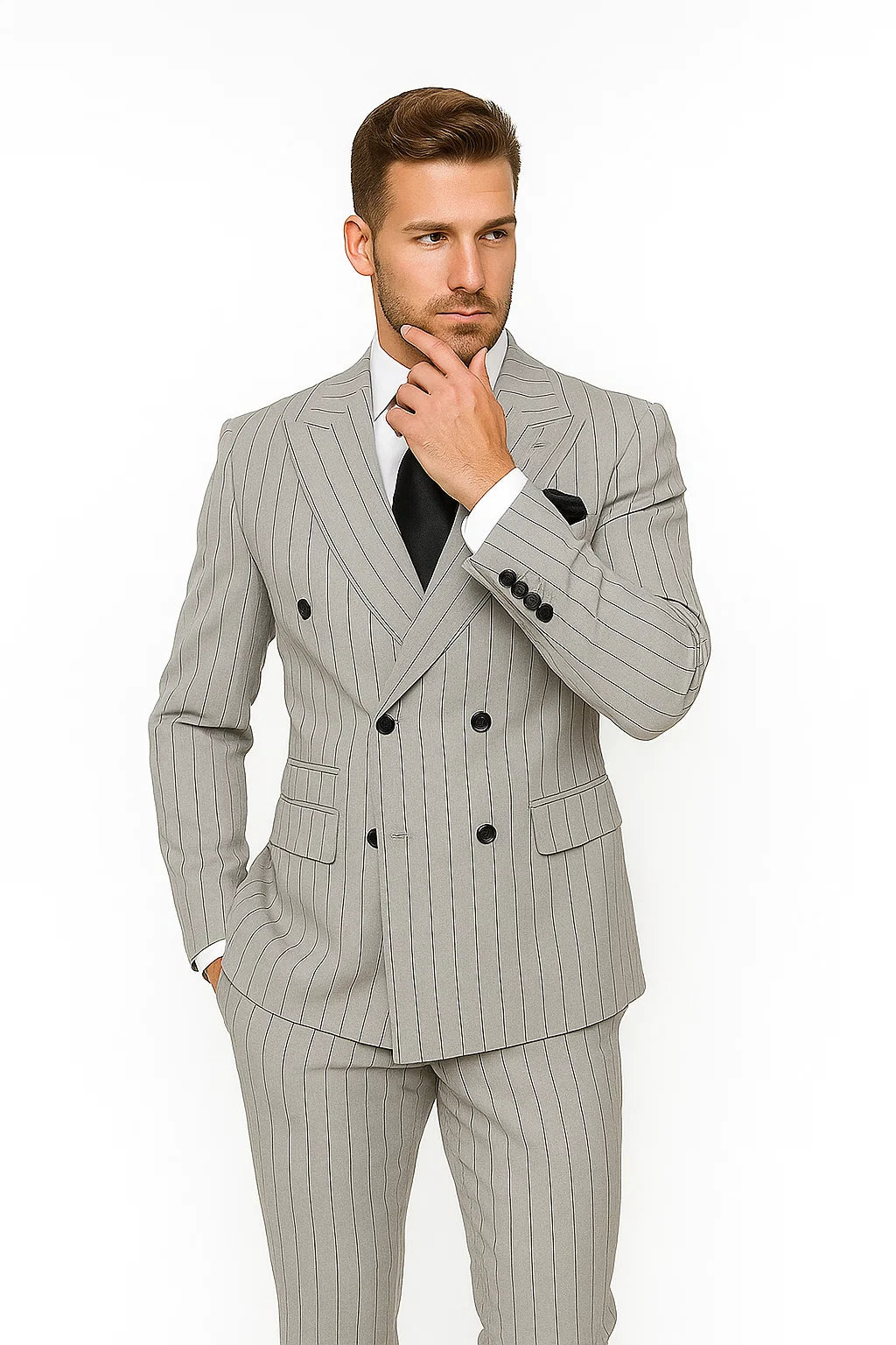 Gray and Black Pinstripe Double Breasted - Modern Fit 1920s Vintage Looking Suit - 34 Short