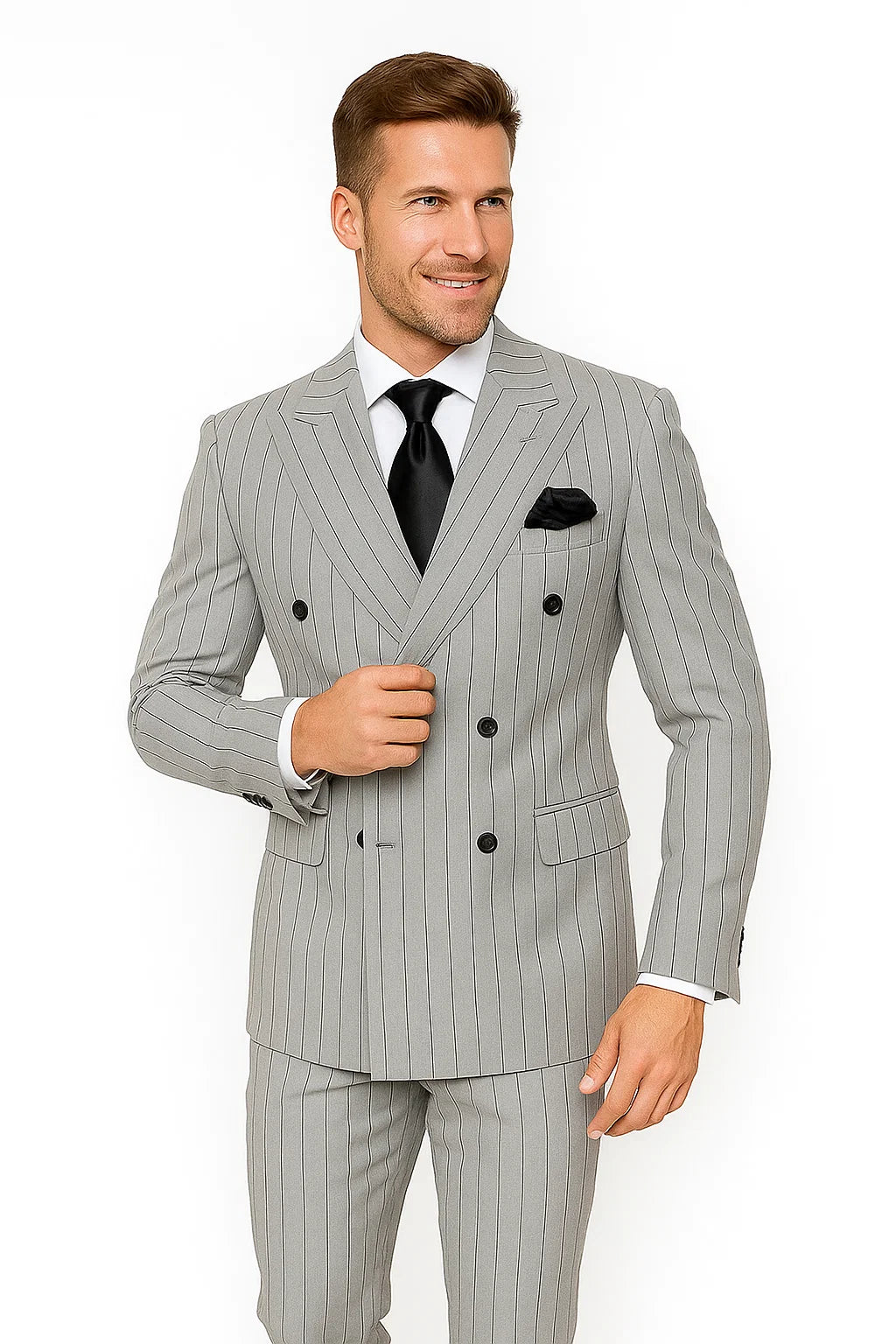 Gray and Black Pinstripe Double Breasted - Modern Fit 1920s Vintage Looking Suit - 34 Short