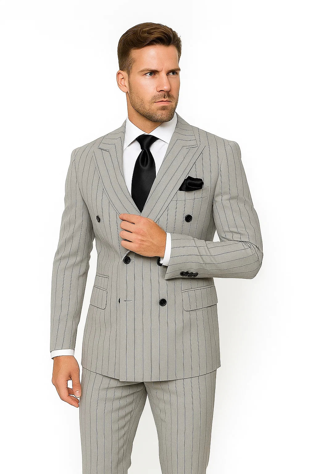 Gray and Black Pinstripe Double Breasted - Modern Fit 1920s Vintage Looking Suit - 34 Short