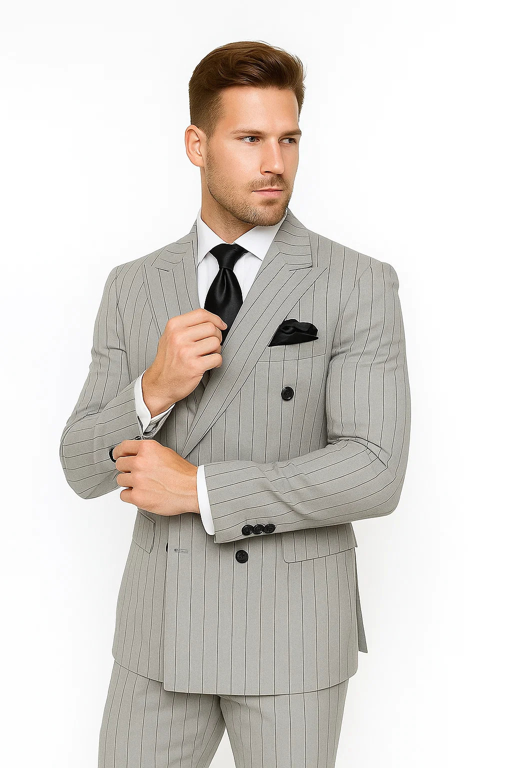 Gray and Black Pinstripe Double Breasted - Modern Fit 1920s Vintage Looking Suit - 34 Short