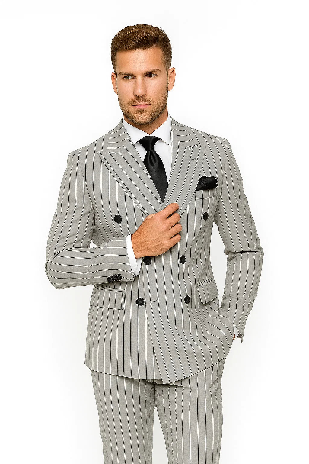 Gray and Black Pinstripe Double Breasted - Modern Fit 1920s Vintage Looking Suit - 34 Short