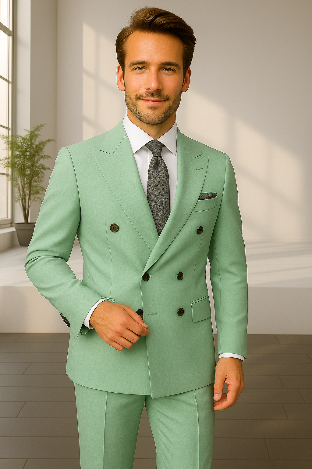 Wool Suit - Italian Made Business Suit by Statement Men's 2 Piece 100% Wool Double Breasted Suit - Pinstripe Pattern - 38R
