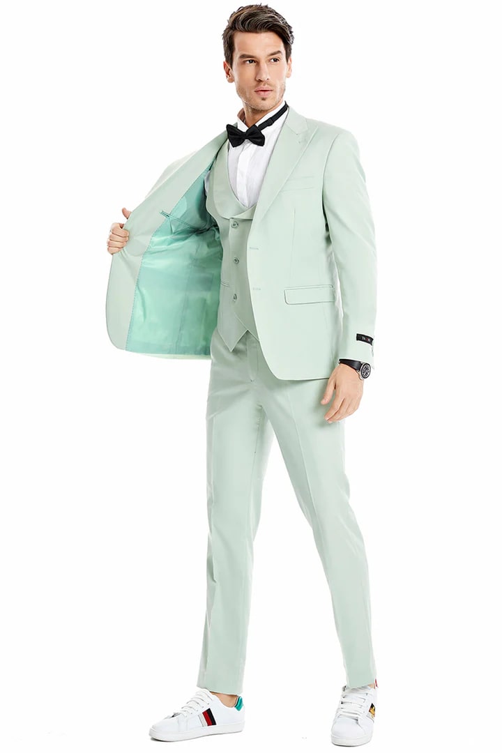 Cheap Suit - Men's Two Button Vested Peak Lapel Pastel Wedding & Prom Mint Green Suit