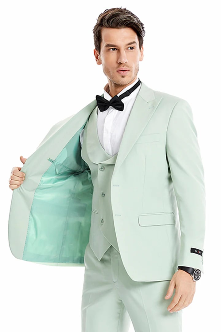 Cheap Suit - Men's Two Button Vested Peak Lapel Pastel Wedding & Prom Mint Green Suit