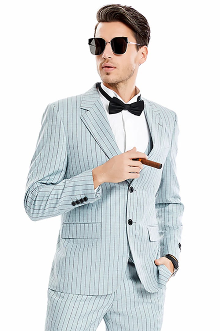 Cheap Suit - Men's Two Button Vested Wide Notch Lapel Vintage Style Pinstripe Mint Grey Suit