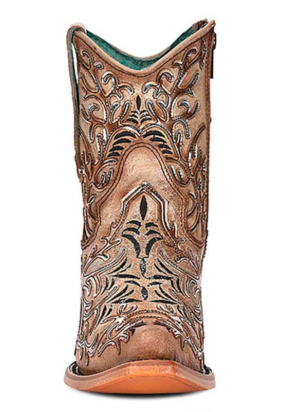 Tan Ankle Booties with Dark Embroidery and Mirrored Overlay and Toe Design - 8