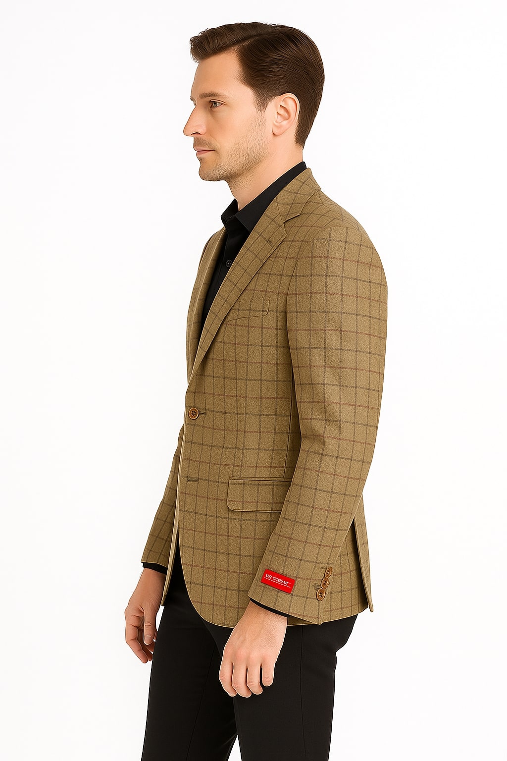 Men's Tan Plaid Blazer – Windowpane Checkered Taupe Colar with Conservative burgunsih Pattern Mix Perfect For Business - Tan