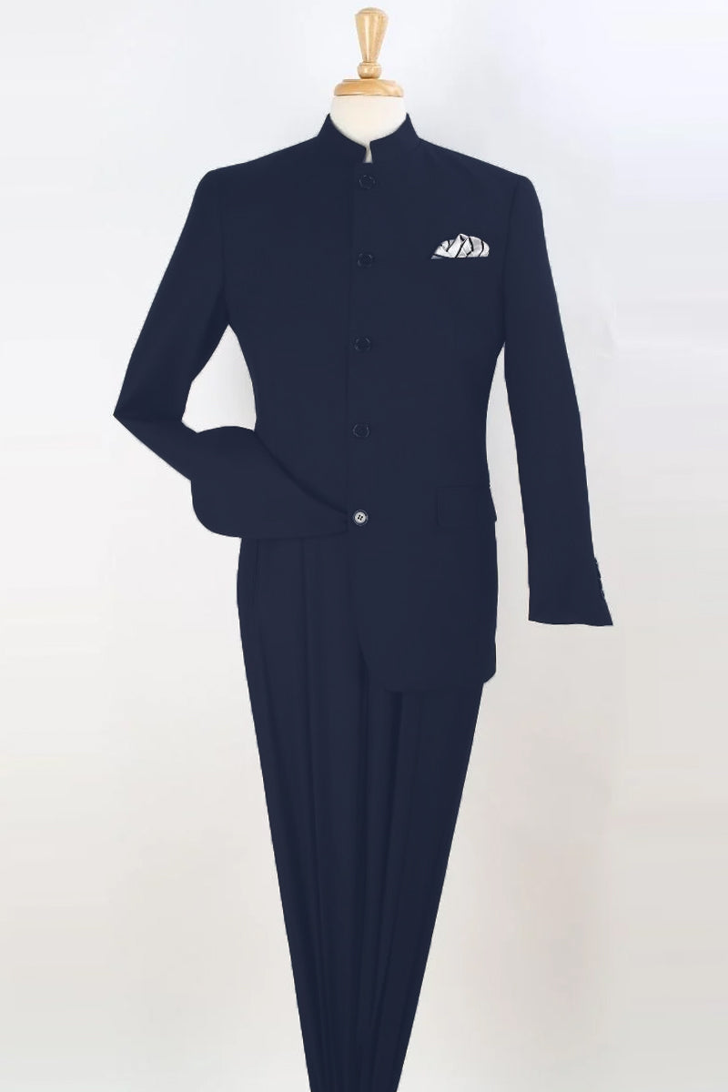 "Navy Blue Men's Fashion Suit with Mandarin Banded Collar - Five Button"