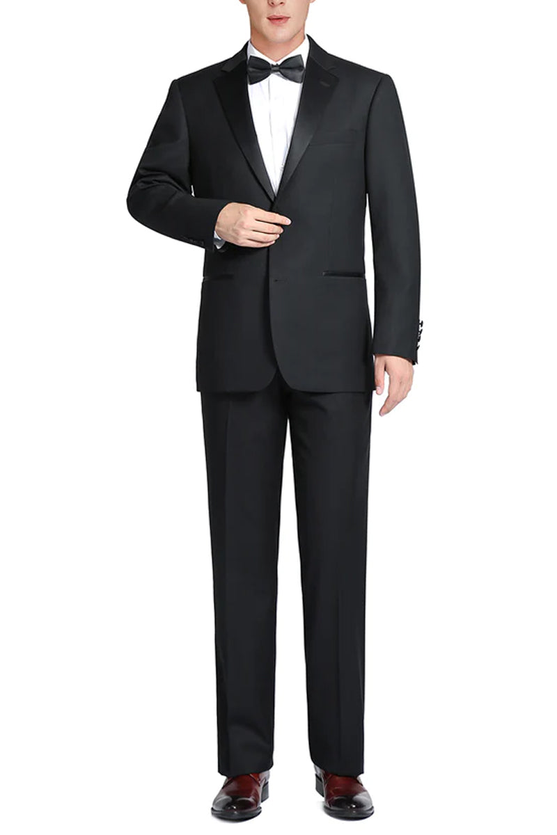"Black Wool Tuxedo: Slim Fit, Two-Button, Notch Lapel - Men's Traditional Package"