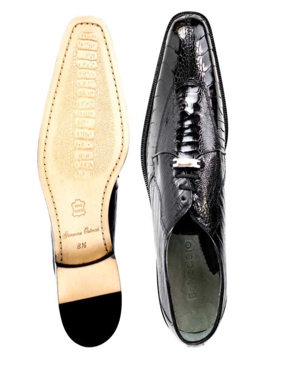 Men's Belvedere Siena Ostrich Leg Moc Toe Dress Black Shoe - US 9.5 Standard/D/ Medium / Eu:42