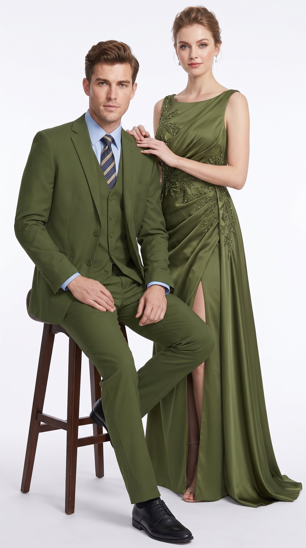 Men’s Olive Classic Fit 3 Piece Suit, Flat Front Vested Formal Wedding Business Suit