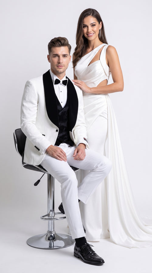 Gianni Men’s White 3 Piece Tuxedo with Black Velvet Lapel, Tailored Fit Formal Wedding Prom Suit