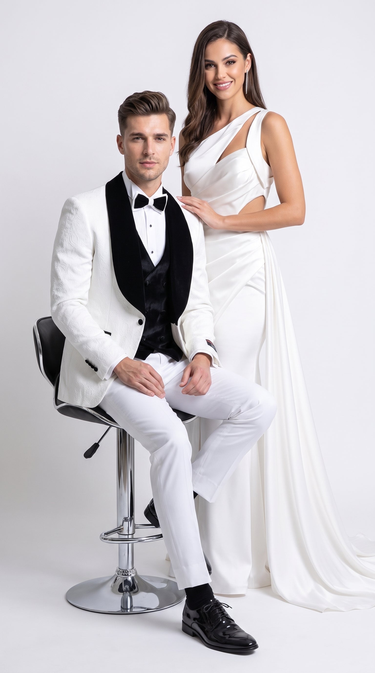 Gianni Men’s White 3 Piece Tuxedo with Black Velvet Lapel, Tailored Fit Formal Wedding Prom Suit