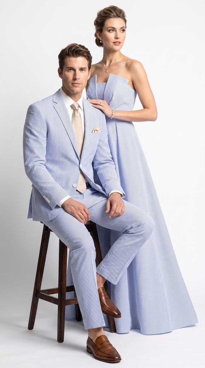 Men’s Navy Seersucker 2 Piece Suit, Modern Fit Summer Wedding Dress Suit