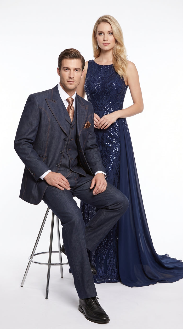 Men’s Navy Blue Denim 3 Piece Suit, Vested 4 Button Wide Peak Lapel Dress Suit