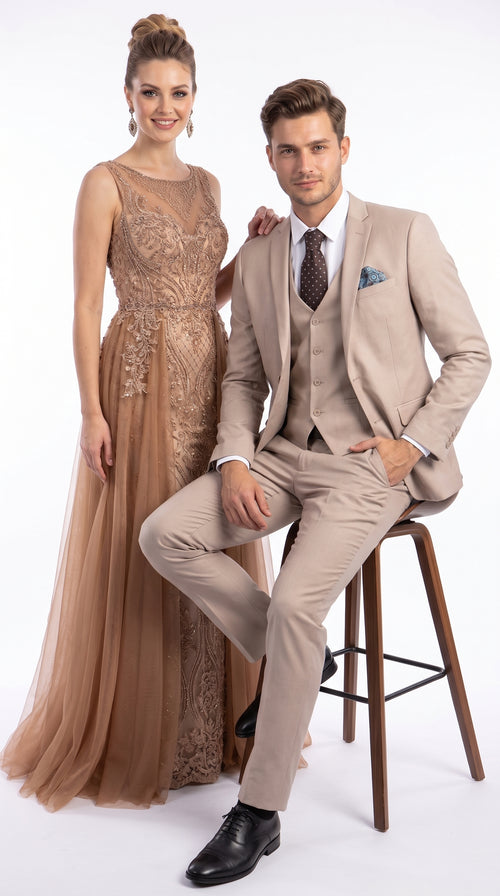Men’s Medium Tan 3 Piece Suit, Slim Fit Two Button Vested Formal Wedding Business Suit