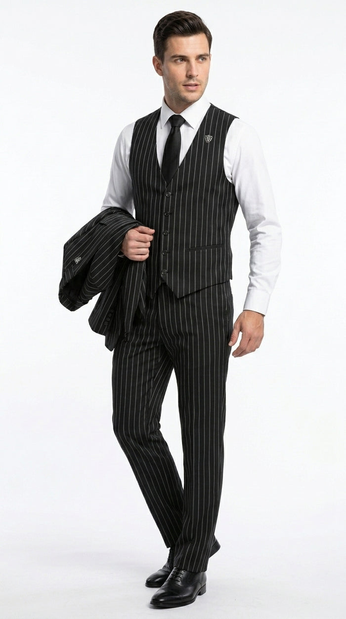 Men’s Black 2 Button Gangster Pinstripe Suit, Striped Pattern Homecoming 3 Piece Dress Suit