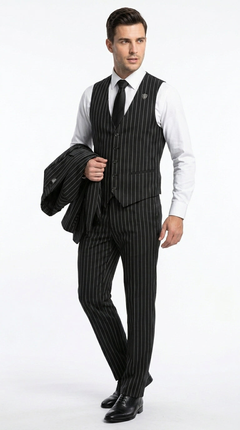 Men’s Black 2 Button Gangster Pinstripe Suit, Striped Pattern Homecoming 3 Piece Dress Suit