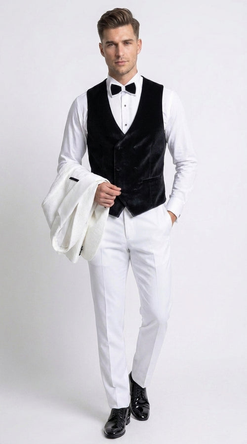 Gianni Men’s White 3 Piece Tuxedo with Black Velvet Lapel, Tailored Fit Formal Wedding Prom Suit