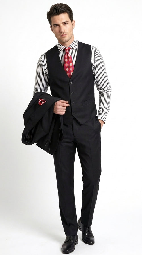 Apollo King Men’s Black 3 Piece Fashion Suit, Wide Peak Lapel Formal Wedding Business Suit