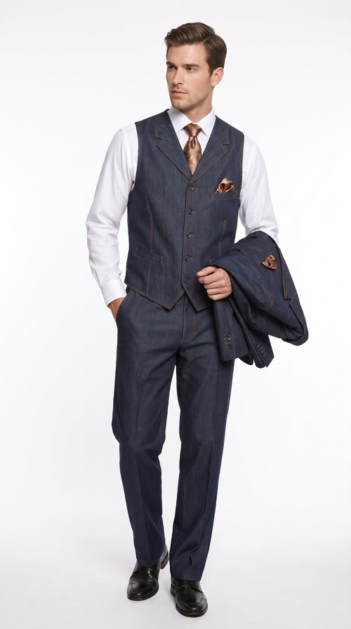 Men’s Navy Blue Denim 3 Piece Suit, Vested 4 Button Wide Peak Lapel Dress Suit